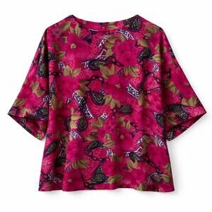 Hibiscus Handmade Top Grannycore Hot Pink Bold Floral Top Resort Cruise